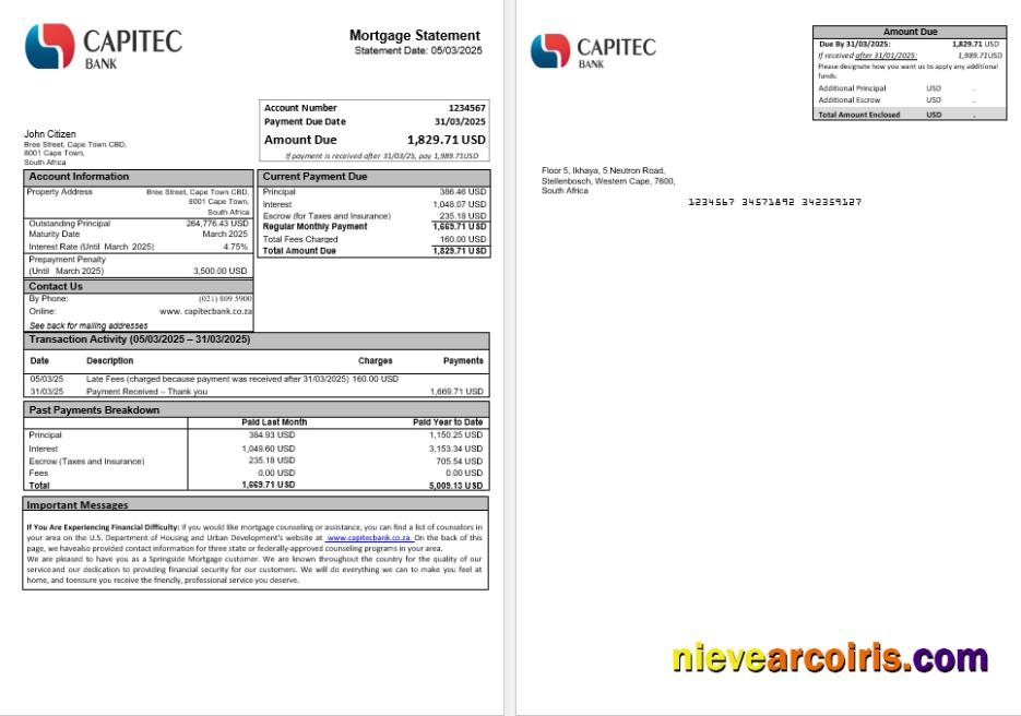 South Africa Capitec bank mortgage statement